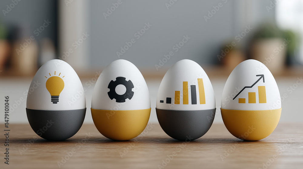Aufkleber conceptual eggs: a row of egg-shaped objects each adorned with a different business icon, symbolizin