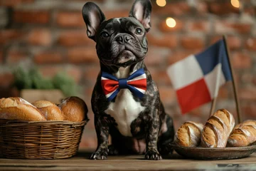 French bulldog with tricolor bow tie poses with baguette and French flag on a wooden table in front of a brick wall
