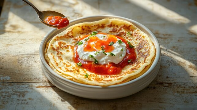 Breakfast delight: crispy paratha, curd in a spoon, and a swirl of ketchup placed on a white ceramic dish