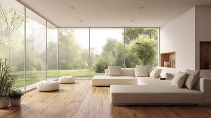 3D Render of Airy Minimalist Living Room with Oversized White Sofa and Natural Light