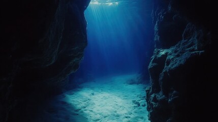 Underwater cave scene with sunlight streaming through the entrance low angle shot deep blue ocean floor sand and rock formations