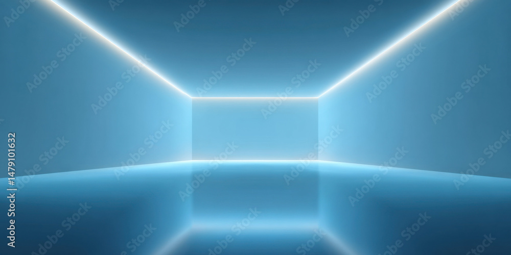 Poster abstract blue room with bright white neon lights illuminating the interior walls and floor, creating