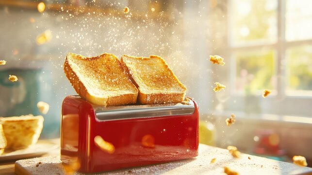 Crispy toast popping from vintage red toaster in cozy country kitchen, golden light and crumbs in motion