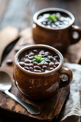 Two Mugs of Black Bean Soup Garnished with Parsley on Wooden Boards Overhead Shot