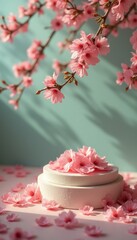 Naklejka premium Blooming Cherry Blossoms Display: Elegant Podium Presentation with Floral Accents for Springtime Product Showcase