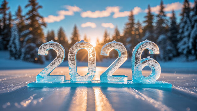 The year 2026 is depicted in a frosty ice sculpture, set against a wintery, snowy forest landscape.