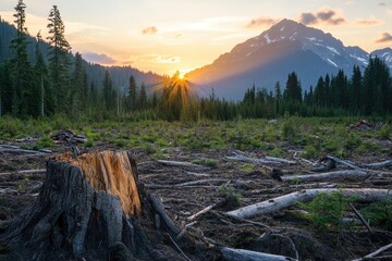 Sunset over a clear-cut forest with remnants of logging.
