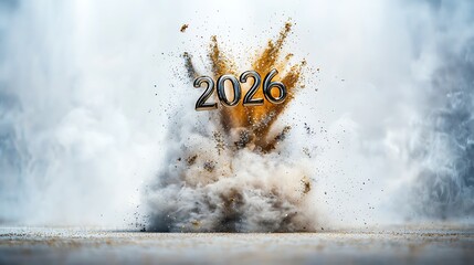 Silver 2026 explodes in golden dust and white smoke, announcing the future