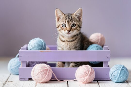 little kitten cat sitting in purple box concept yawn ball gatito sentado en caja morada concepto bostezo bola petit chaton assis dans une bo&icirc;te violette concept yawn ball kedi