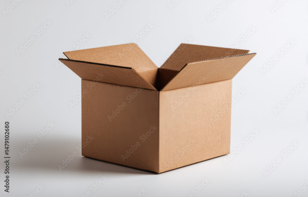 Poster empty open cardboard box on white background, ideal for product placement or packaging design mockup