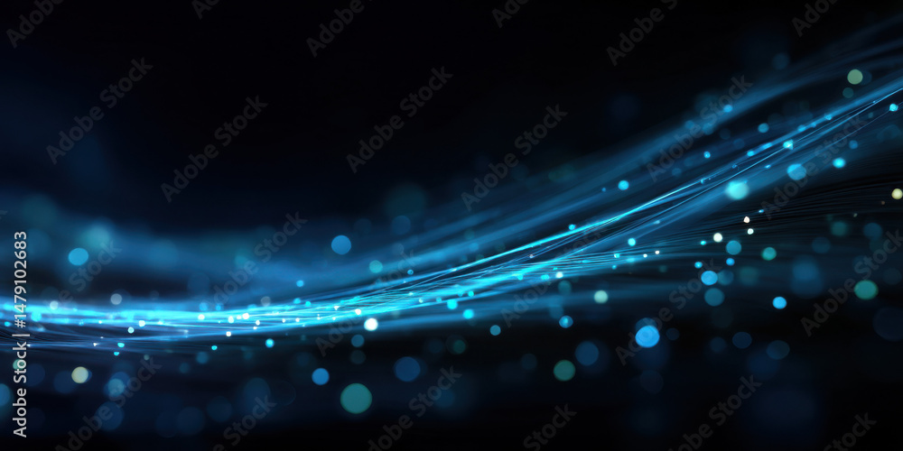 Poster abstract digital wave with glowing blue particles and dark background, perfect for technology, scien