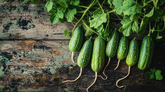 A group of fresh tindora (ivy gourd) on a rustic table