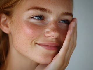 A young woman with freckles and blue eyes gently touches her face, showcasing healthy, radiant skin and a peaceful expression.
