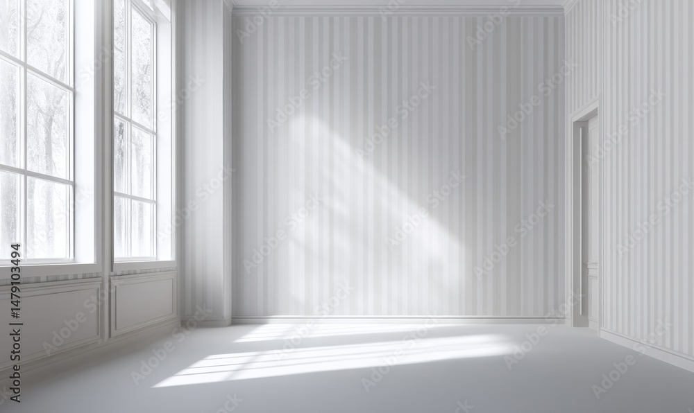 Aufkleber empty room with white striped wallpaper, large windows showing winter trees, and sunlight streaming 