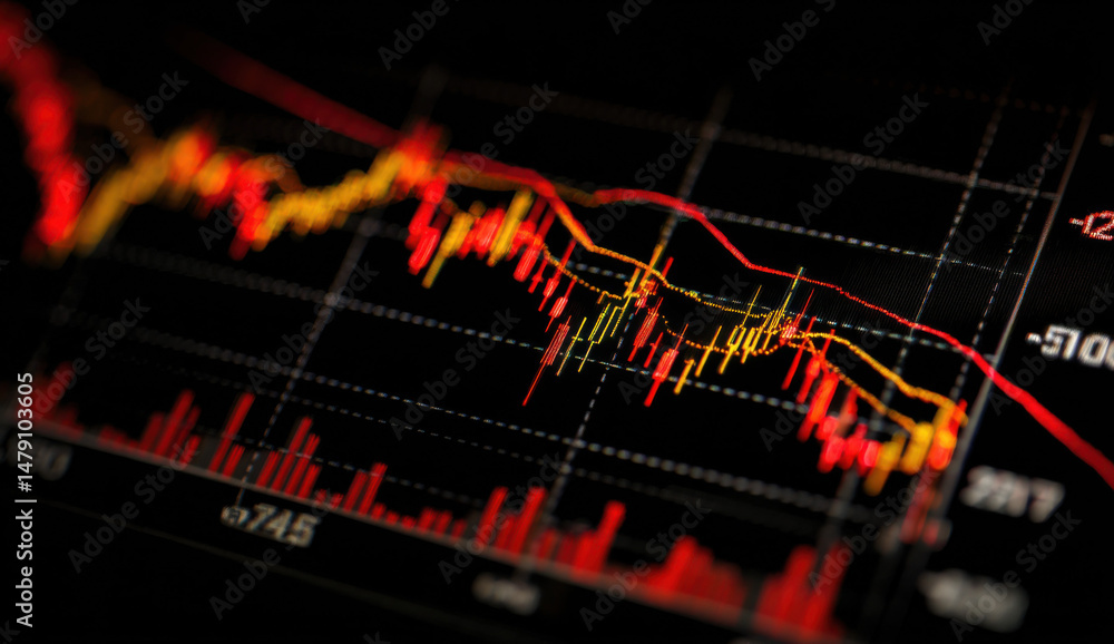 Leinwandbilder close-up view of a stock market chart displaying a downward trend, with red and yellow lines indicat