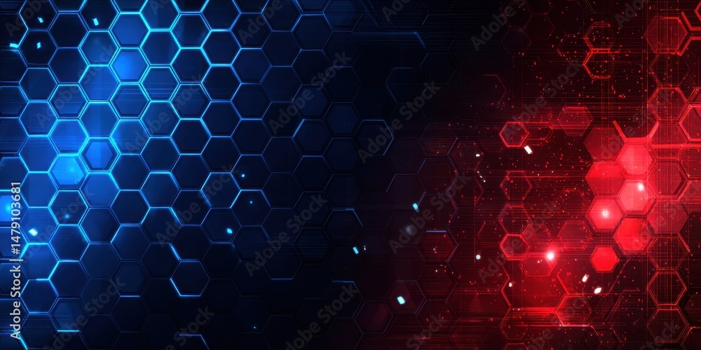 Poster abstract geometric pattern of glowing hexagons in red and blue.