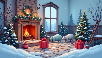 Fototapeta premium a high quality 4k image of a set icon clipart christmas environment, created in icon style, featuring a gift giving. captured from a wide angle shot. the scene is illuminated with warm candlelight