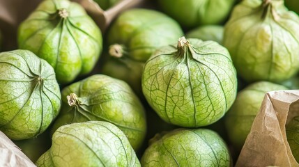 A group of fresh tomatillos in their papery husks