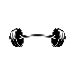 Illustration of gym barbell in monochrome style. Design element for logo, sign, emblem. Vector illustration