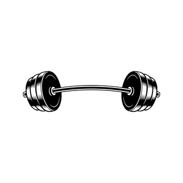 Illustration of gym barbell in monochrome style. Design element for logo, sign, emblem. Vector illustration