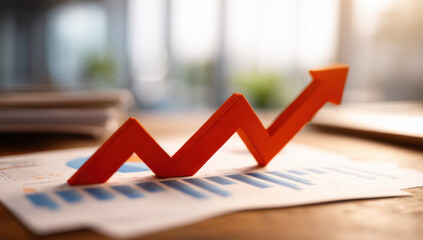 A red graph arrow pointing upward on top of business charts, with an office background.  : Generative AI