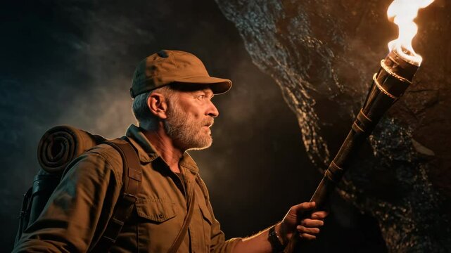 an explorer carries a torch at night through an ancient cave