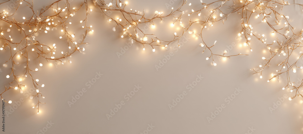 Aufkleber Golden fairy lights arranged in a festive border on a beige background, creating a warm and inviting atmosphere, perfect for holiday or celebration themes. : Generative AI