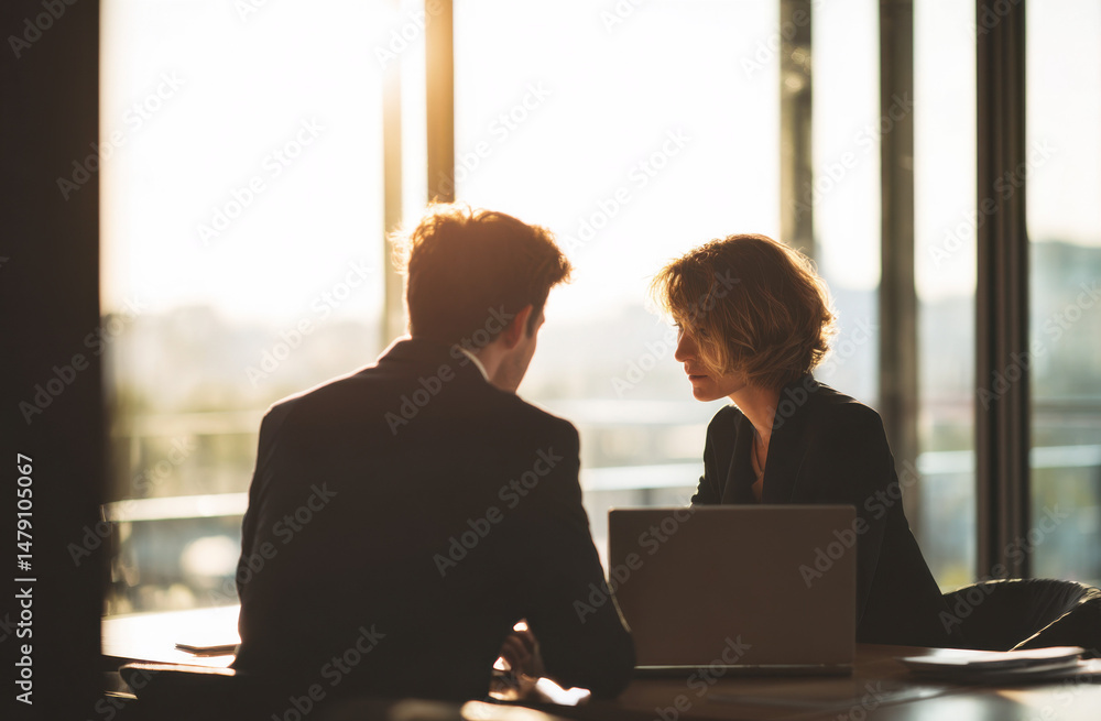 Poster silhouetted business colleagues converse intensely over a laptop, bathed in warm sunlight streaming 
