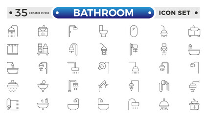Bathroom outline icons. Editable Stroke. Shower, bath, toilet, bidet, mirror, water tap. Laundry and garbage basket. Cosmetics shampoo comb cream. Toilet paper napkins. Editable stroke outline icon.
