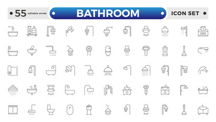 Bathroom outline icons. Editable Stroke. Shower, bath, toilet, bidet, mirror, water tap. Laundry and garbage basket. Cosmetics shampoo comb cream. Toilet paper napkins. Editable stroke outline icon.
