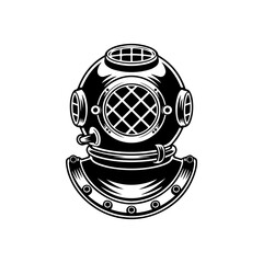 Retro style diver helmet isolated on white background. Design element for logo, label, sign, poster, menu. Vector illustration