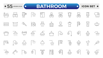 Bathroom outline icons. Editable Stroke. Shower, bath, toilet, bidet, mirror, water tap. Laundry and garbage basket. Cosmetics shampoo comb cream. Toilet paper napkins. Editable stroke outline icon.
