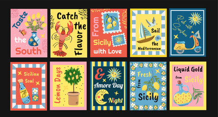 Mediterranean summer Posters. Vector illustration of Amalfi, Italian cuisine, striped pattern, lobster, crab, lemon, postage stamps, shell for poster
