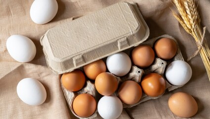 Egg packaging design with brown and white eggs in carton for culinary and branding