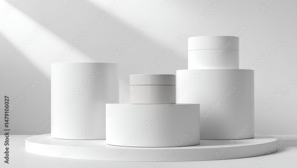 Poster minimalist product display featuring a cylindrical cream jar on a white platform, surrounded by othe