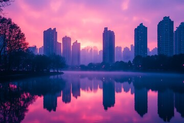 Obraz premium City park sunrise reflection