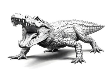 Fototapeta premium Pencil drawing of an angry, fierce and vicious crocodile, showing its fangs from a side view, white background