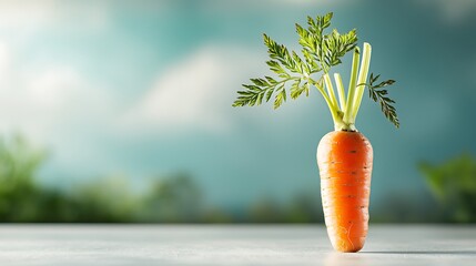 Single vibrant carrot with green top, set against a soft, blurred background