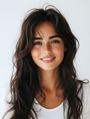 Naklejka premium A young woman with long wavy brown hair smiles brightly at the camera against a white background showcasing her beautiful features and healthy skin.