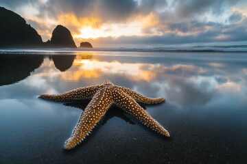Starfish on the Wet Sand at Sunset, Reflective Beach Scene, Dramatic Sky, Natural Beauty, Close Up