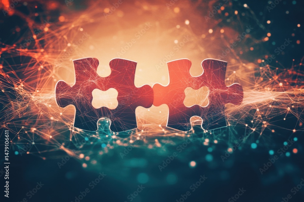 Poster two puzzle pieces interlocking with network connection concept abstract close up shot