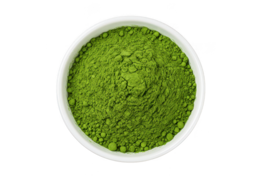 Green powder in bowl isolated on transparent background