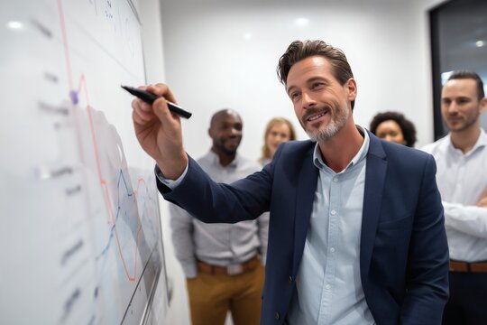 Business professional presents data on a whiteboard. Smiling leader shares insights with diverse team. Data-driven communication and growth.