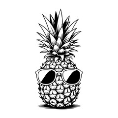 Illustration of pineapple with sunglasses in engraving style. Design element for poster, card, banner, sign. Vector illustration