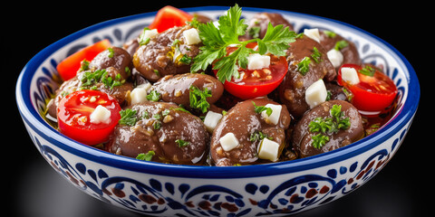 Mediterranean Delight: Savor the vibrant flavors of a Mediterranean dish, artfully presented in a decorative ceramic bowl, a culinary masterpiece.
