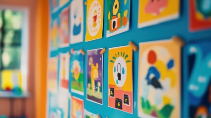 Cheerful Classroom Display: Children's Art on a Bright Blue Wall