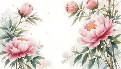Fototapeta premium Elegant Pink Peony Flowers with Bamboo on White Background Art