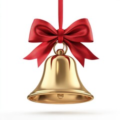 Shiny Golden Bell with Red Ribbon Bow on White
