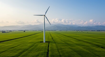 Obraz premium Wind Turbine in Green Field with Mountains