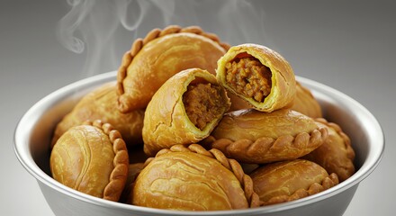 Fototapeta premium Golden Curry Puffs: A Warm, Aromatic Culinary Delight